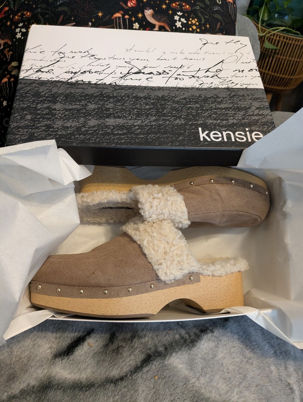 Final Price Drop : Kensie Taupe Suede Shearling Clog Mules with Stud Accents
